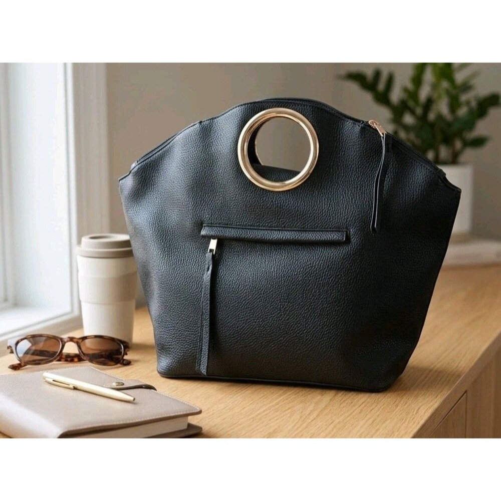 Est 1946 Cato Black Pebbled Faux Leather Tote Satchel Handbag Gold Ring Handle​